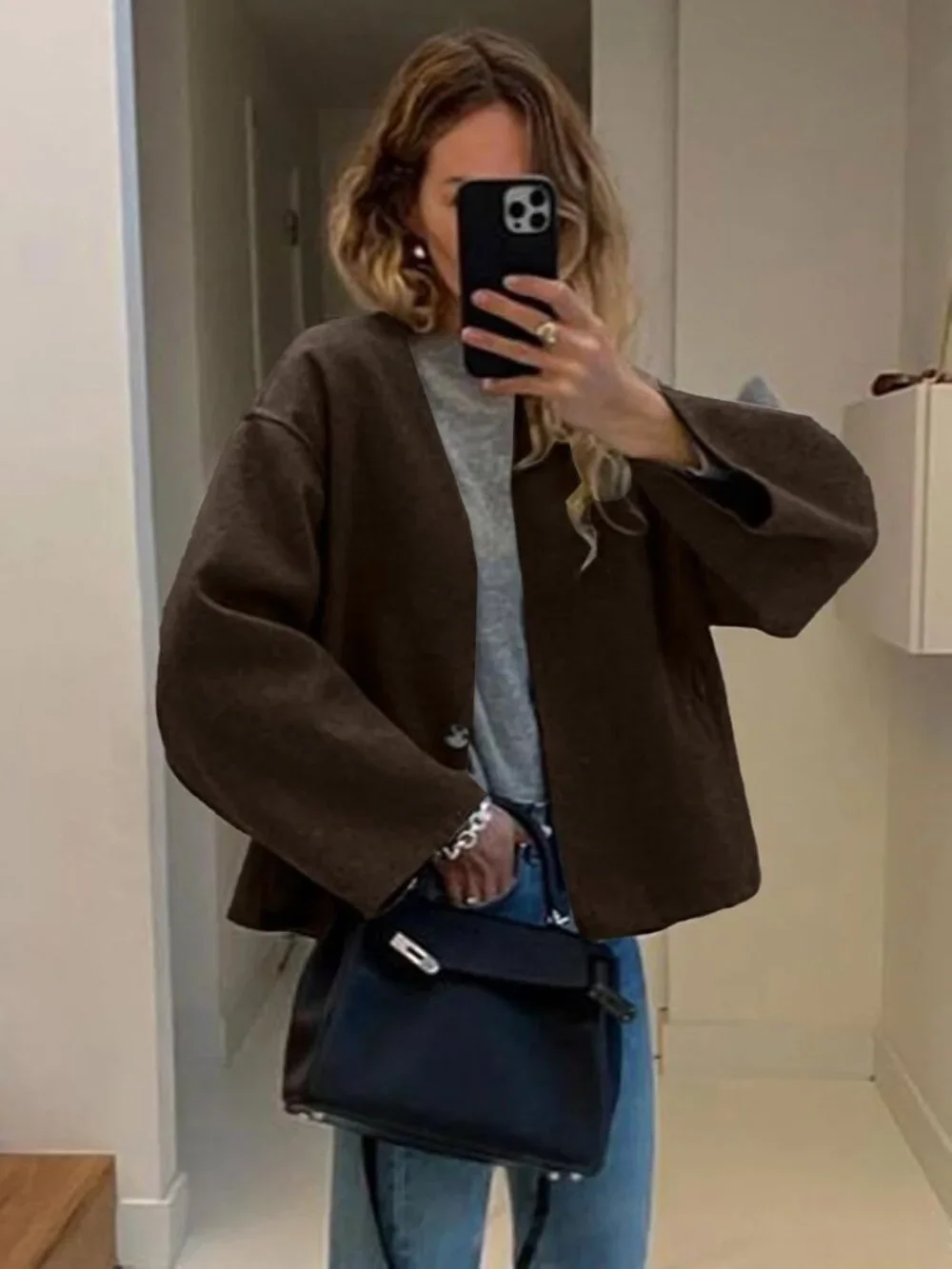Women's Brown Wool Blend Cropped Collarless Long Sleeve Short Fall Pea Overcoat
